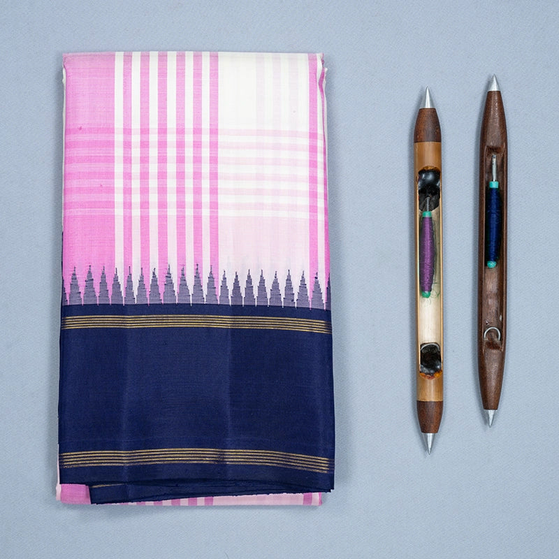 Hayagrivas Handloom Pink &amp; White Checks Kanjivaram Silk Saree with Navy Blue Border KBF518G6-1
