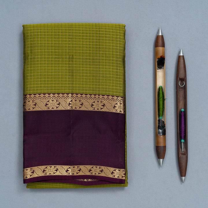 Hayagrivas Handloom Olive Green Kanjivaram Silk Saree with Plum Purple Border KBF556G1-10