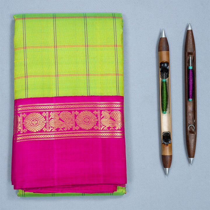 Hayagrivas Handloom Fluorescent Green Kanjivaram Silk Saree with Rani Pink Border KBF573G5-3