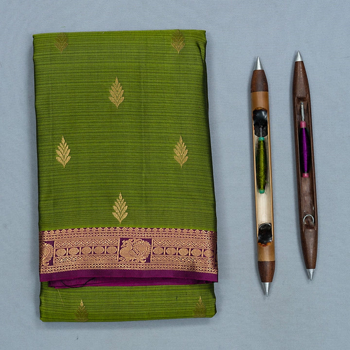 Hayagrivas Handloom Olive Green Kanjivaram Silk Saree with Purple Border KBF582G2-16