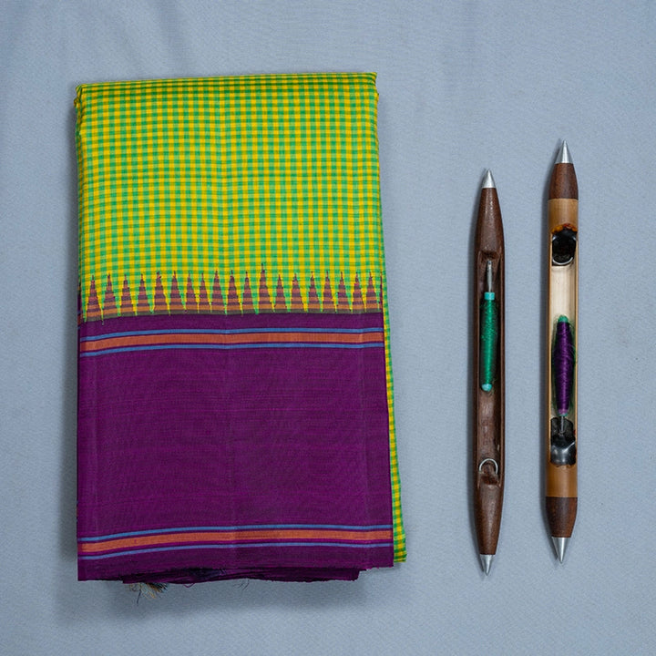 Hayagrivas Handloom Green &amp; Yellow Checks Kanjivaram Silk Saree with Purple Border KBF638G4-1
