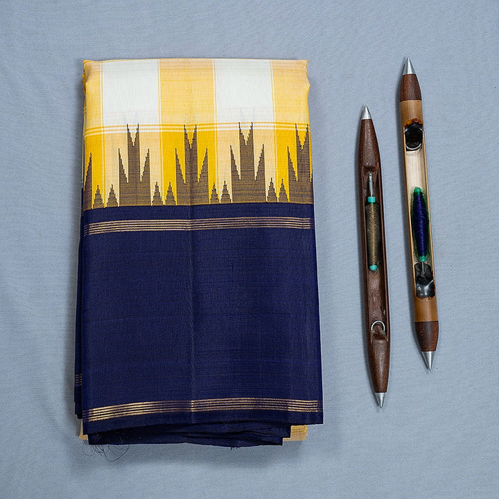 Hayagrivas Handloom Yellow &amp; Half-White Checks Kanjivaram Silk Saree with Purplish Blue Border KBF638G4-3