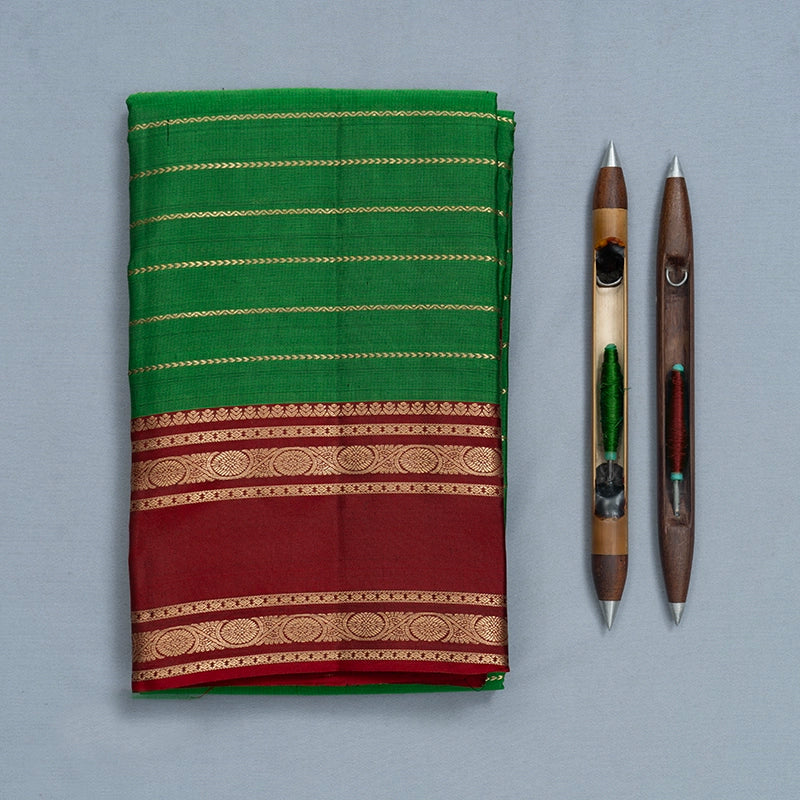 Hayagrivas Handloom Meenakshi Green Kanjivaram Silk Saree with Araku Red Border KBF695G10-5