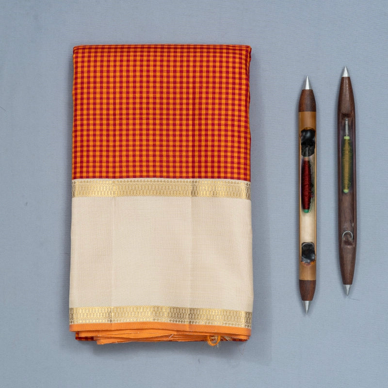 Hayagrivas Handloom Red &amp; Orange Checks Kanjivaram Silk Saree with Ivory Border KBF719G4-1