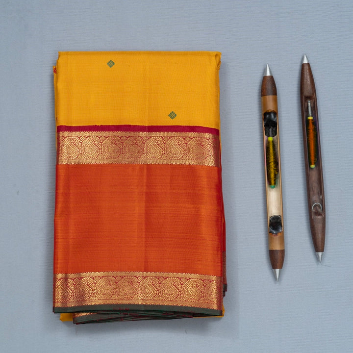 Hayagrivas Handloom Yellow Kanjivaram Silk Saree with Orange Border KBF719G5-1