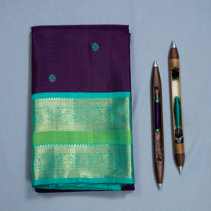 Hayagrivas Handloom Purple Kanjivaram Silk Saree with Aqua Green Border KBF720G5-1