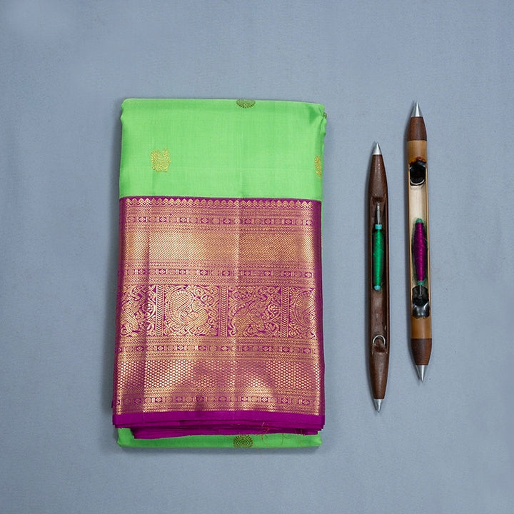 Hayagrivas Handloom Parrot Green Kanjivaram Silk Saree with Magenta Border KBF727G1-1