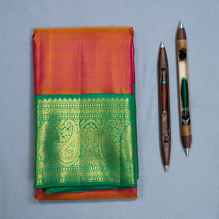 Hayagrivas Handloom Orangish Pink Kanjivaram Silk Saree with Parrot Green Border KBF727G3-3