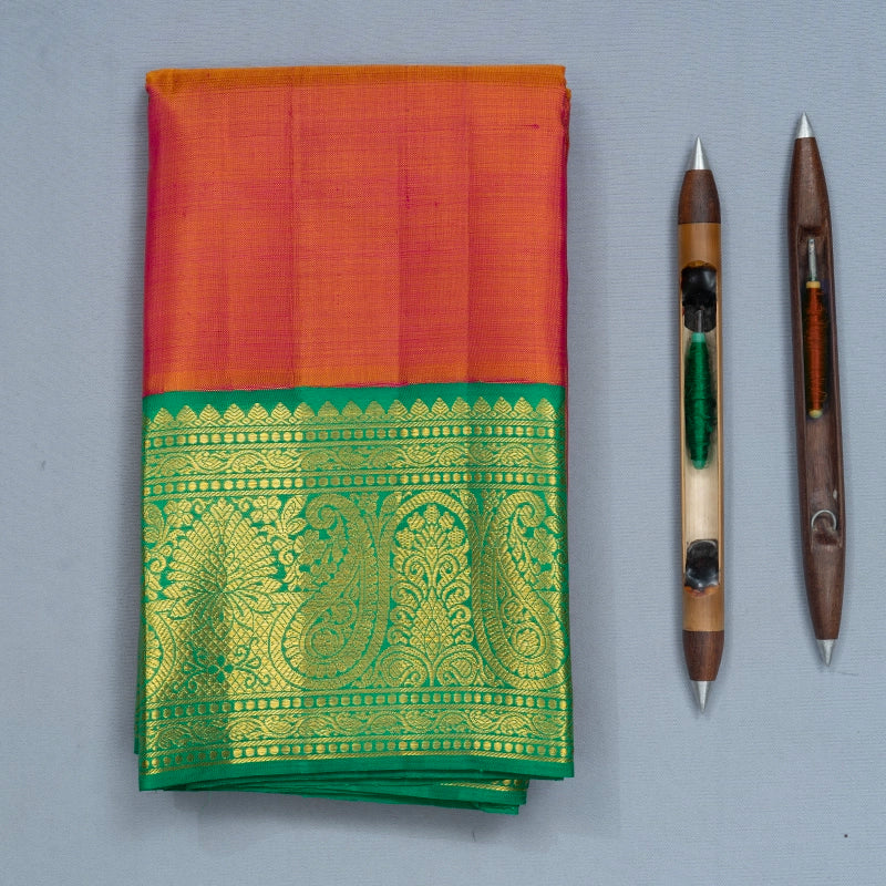 Hayagrivas Handloom Orangish-Pink Kanjivaram Silk Saree with Meenakshi Green Border KBF741H2-1