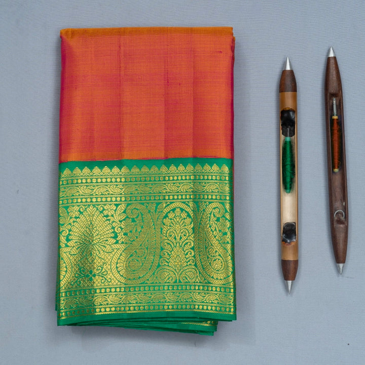 Hayagrivas Handloom Orangish-Pink Kanjivaram Silk Saree with Meenakshi Green Border KBF741H2-1