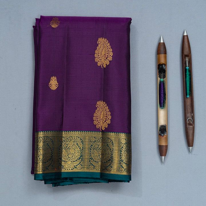 Hayagrivas Handloom Purple Kanjivaram Silk Saree with Peacock Green Border KBF741H4-1