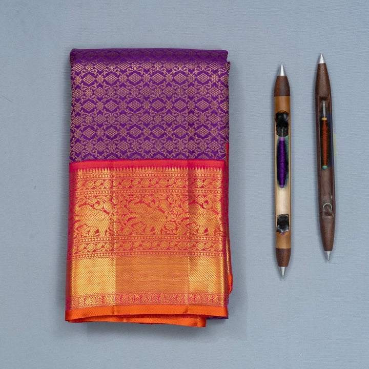 Hayagrivas Handloom Purple Kanjivaram Silk Saree with Orangish-Pink Border KBF741H5-1