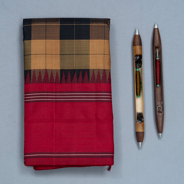 Hayagrivas Handloom Khaki Brown &amp; Black Checks Kanjivaram Silk Saree with Maroon Border KBF742H1-1