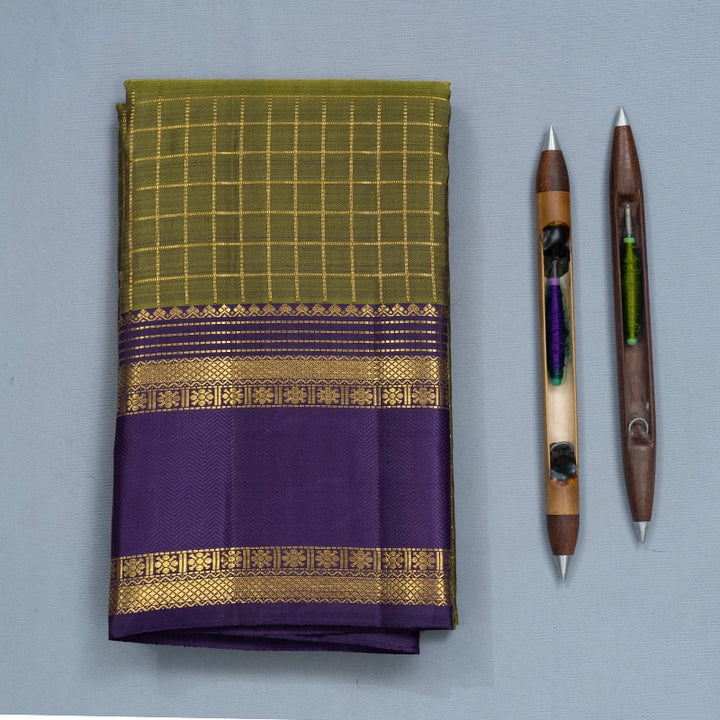 Hayagrivas Handloom Olive Green Kanjivaram Silk Saree with Purple Border KBF742H12-1