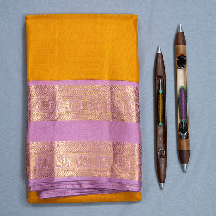 Hayagrivas Handloom Turmeric Yellow Kanjivaram Silk Saree with Baby Pink Border KBF763H3-1