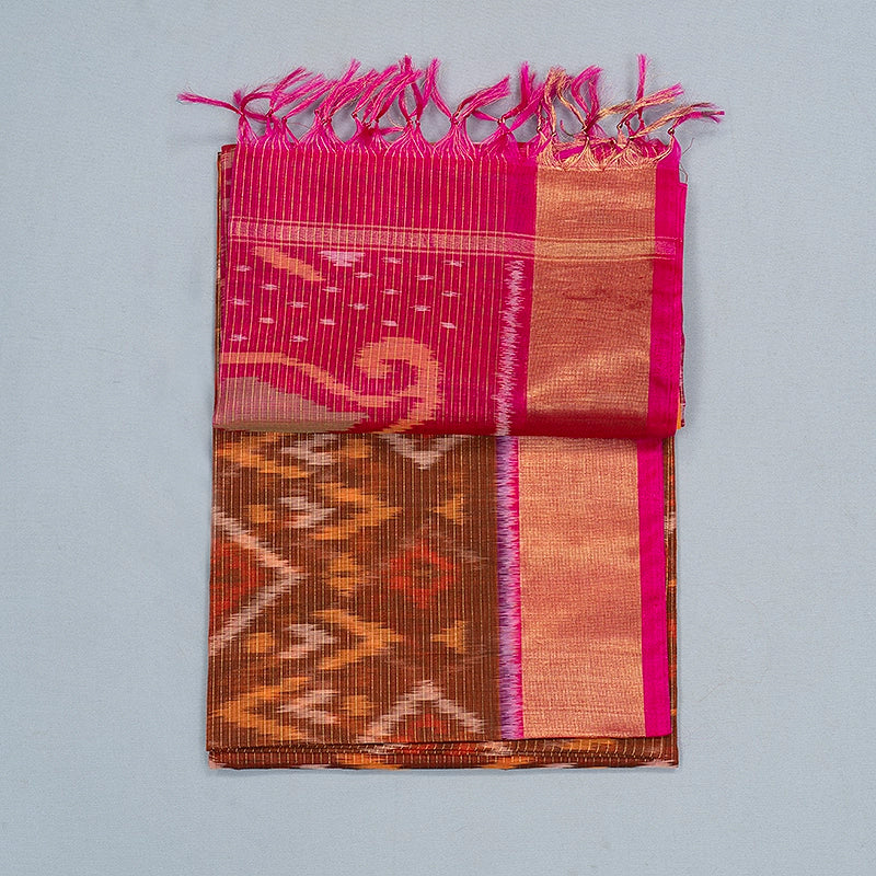 Hayagrivas Rust Orange Ikkat Kora Silk Cotton Saree SSCBF155H3-19