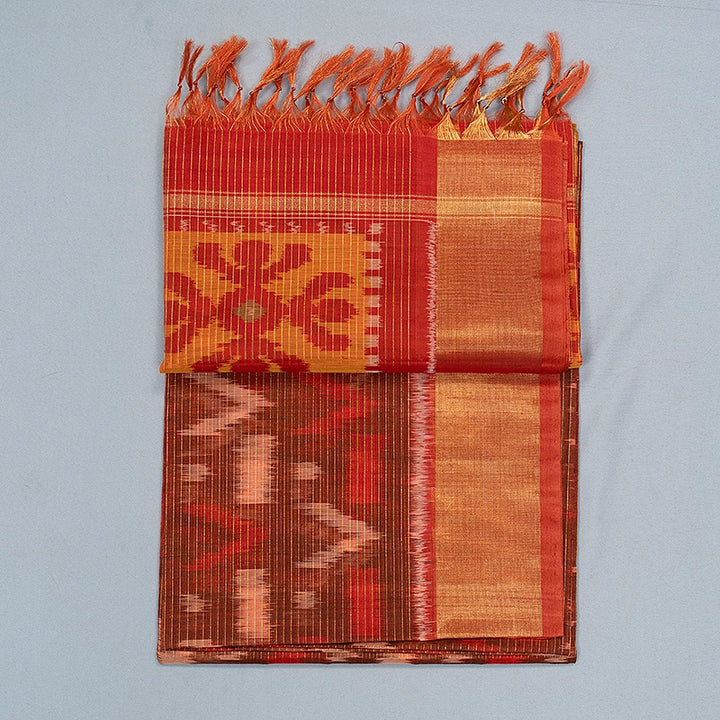 Hayagrivas Rust Brown Ikkat Kora Silk Cotton Saree SSCBF155H3-20