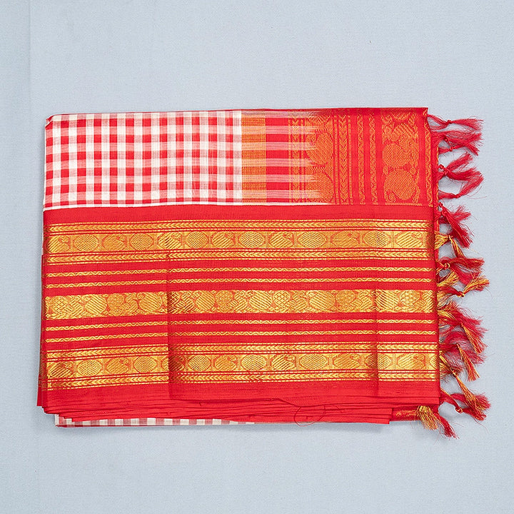 Hayagrivas Red &amp; White Checks Pure Silk Cotton Saree SSCBF176I2-1