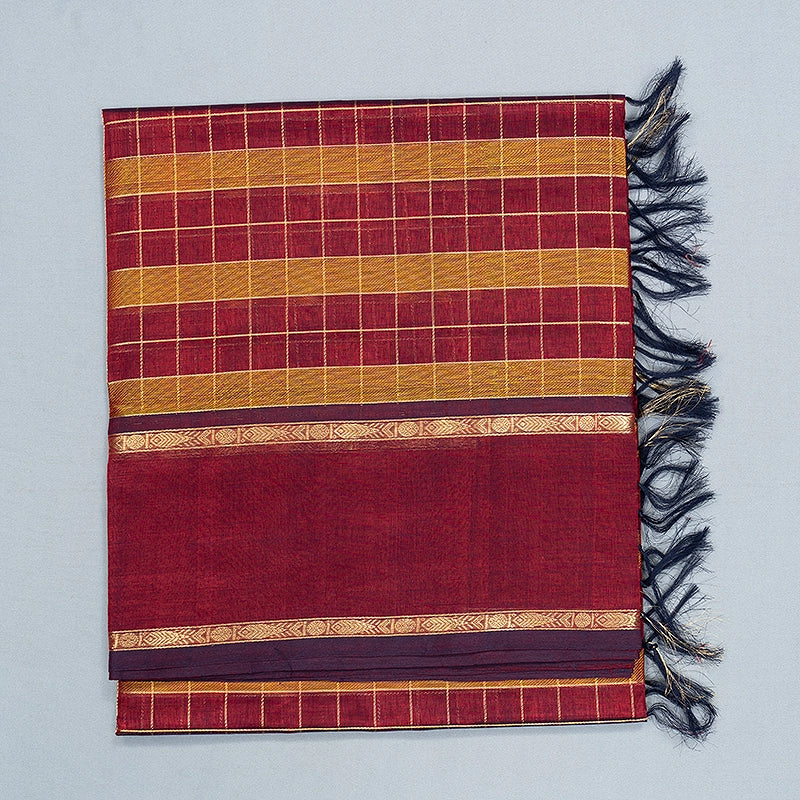 Hayagrivas Maroon &amp; Mustard Checks Kanchi Silk Cotton Saree SSCBF179I13-5