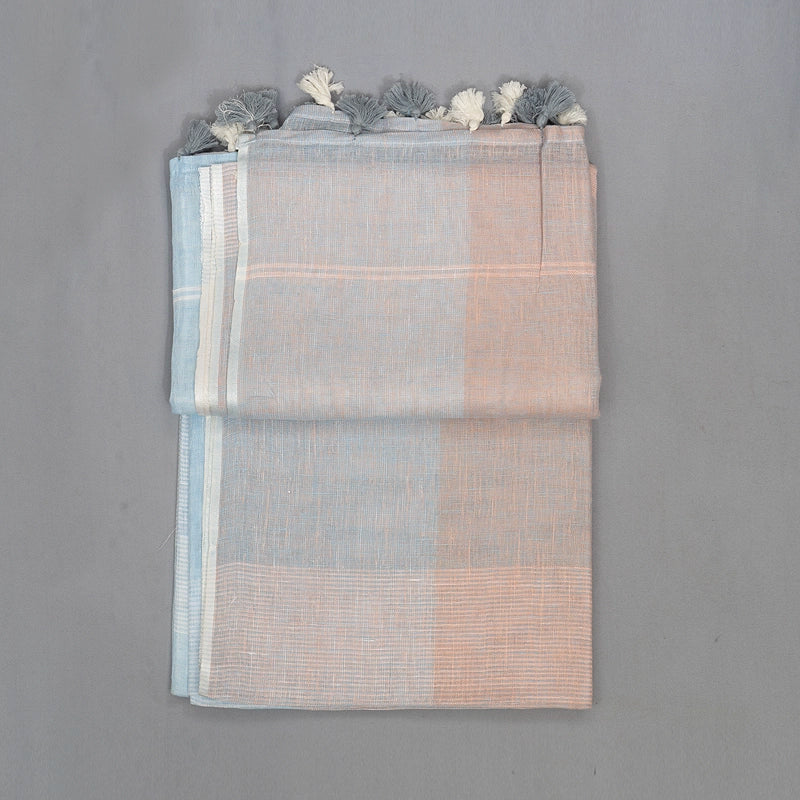 Hayagrivas Peach & Powder Blue Checks Handloom Linen Saree KBE2531C3-1