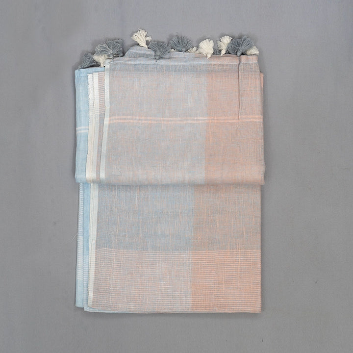 Hayagrivas Peach & Powder Blue Checks Handloom Linen Saree KBE2531C3-1