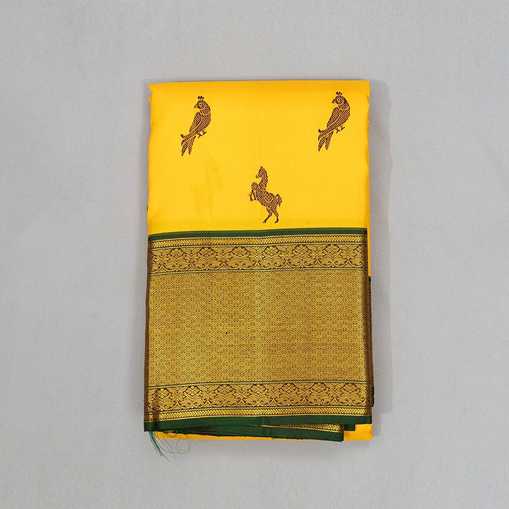 Hayagrivas Handloom Yellow Kanjivaram Silk Saree with Bottle Green Border KBF409F4-1