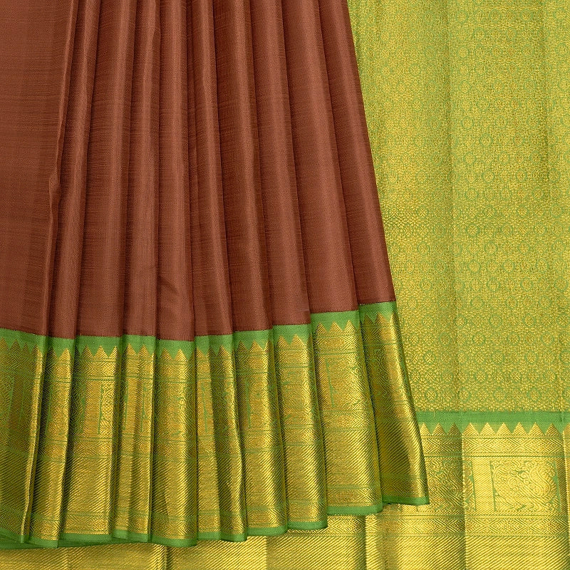 Hayagrivas Handloom Chocolate Brown Kanjivaram Silk Saree with Light Green Border KBF362F2-2