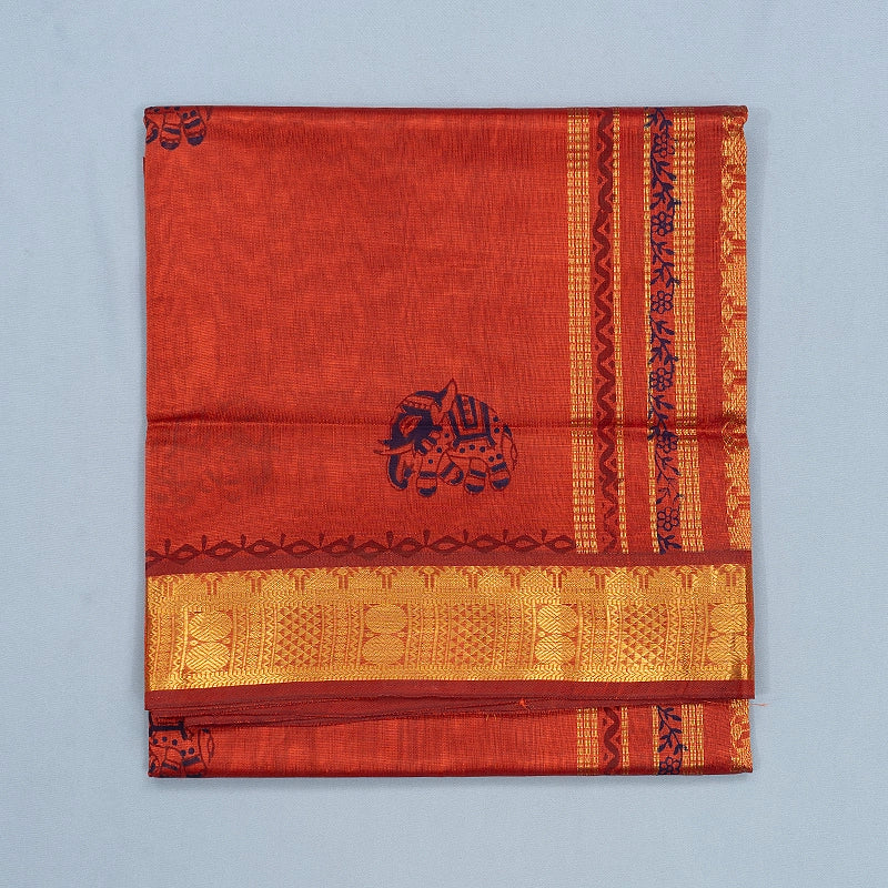 Hayagrivas Rust Orange Pure Printed Silk Cotton Saree HBF195E3-5