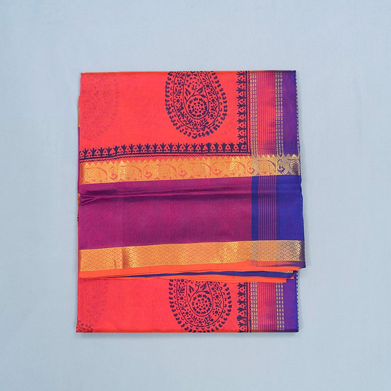 Hayagrivas Peach Pink Pure Printed Silk Cotton Saree HBF195E4-2