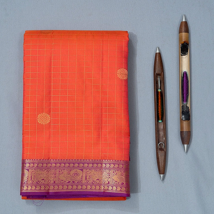 Hayagrivas Handloom Bright Orangish-Pink Kanjivaram Silk Saree with Purple Border KBF695G4-2