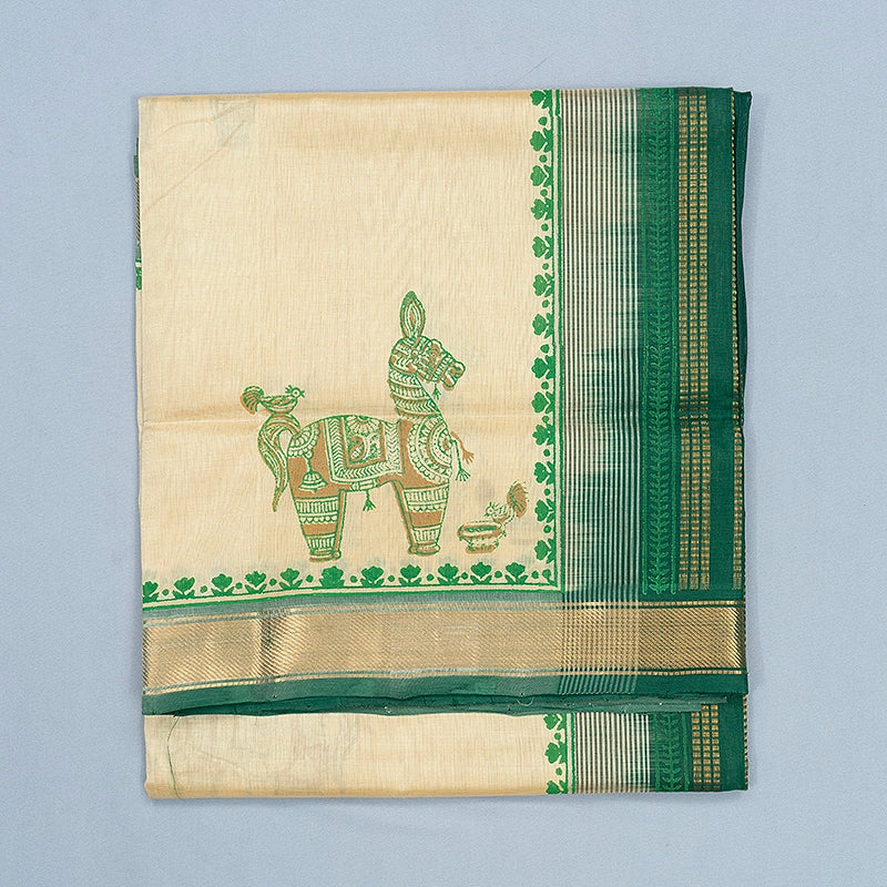 Hayagrivas Cream Pure Printed Silk Cotton Saree HBF195E5-1