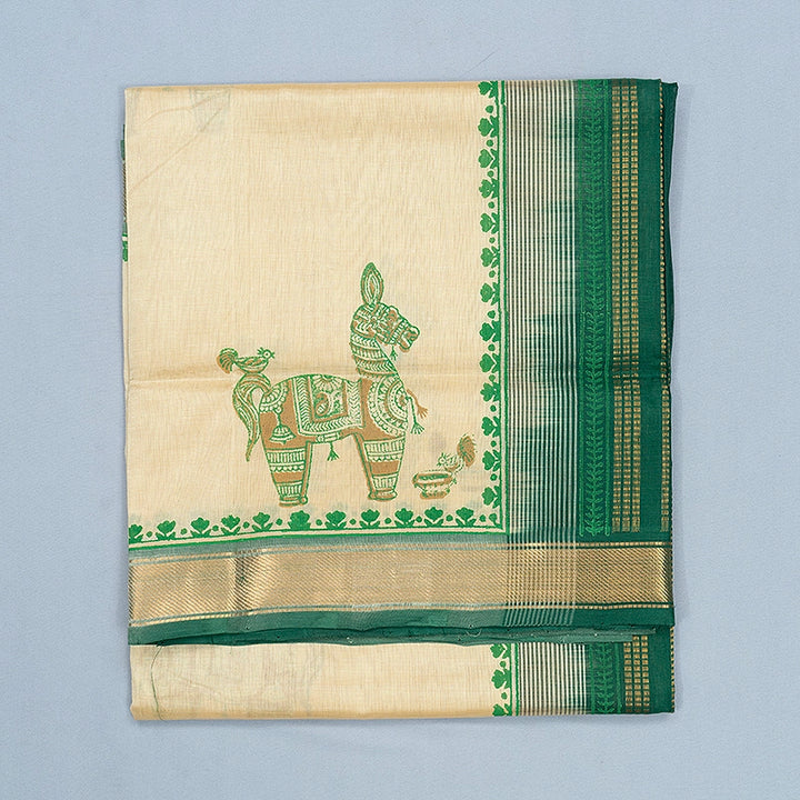 Hayagrivas Cream Pure Printed Silk Cotton Saree HBF195E5-1
