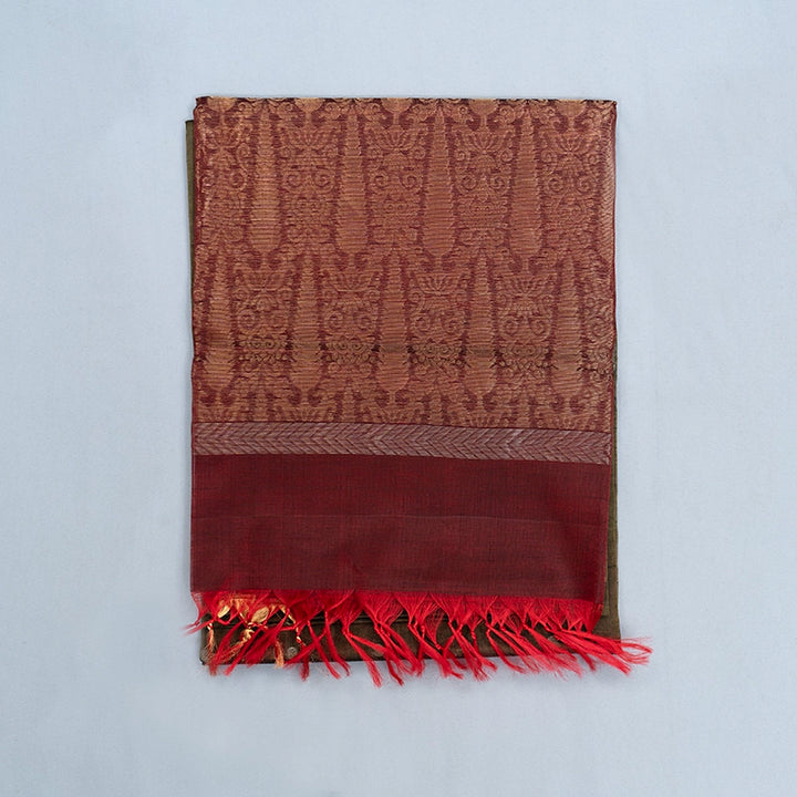 Hayagrivas Olive Green Ikkat Kora Silk Cotton Saree KSBE92A10-5