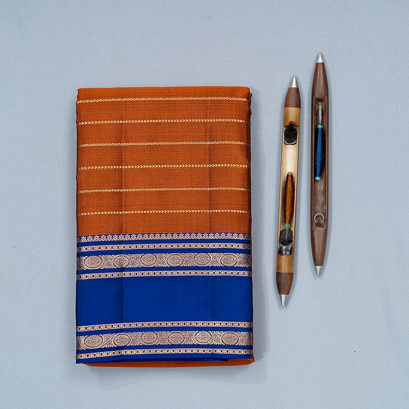 Hayagrivas Handloom Rust Orange Kanjivaram Silk Saree with Blue Border KBF695G10-1