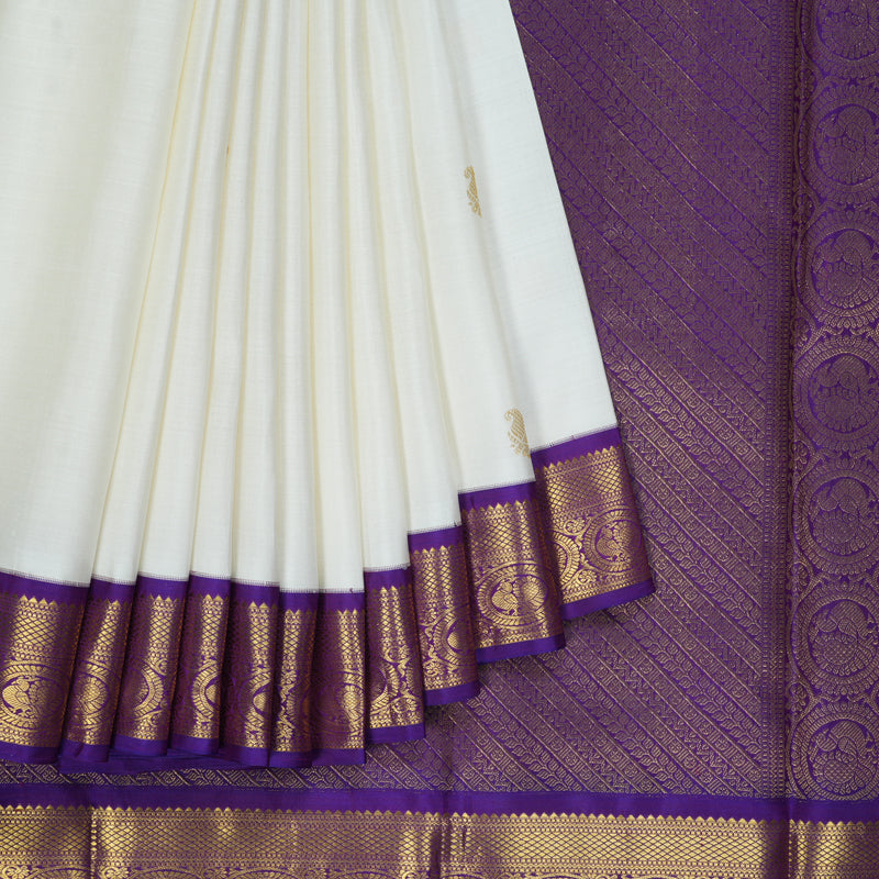 Hayagrivas Handloom Milk-White Kanjivaram Silk Saree with Purple Border KBF310E13-1