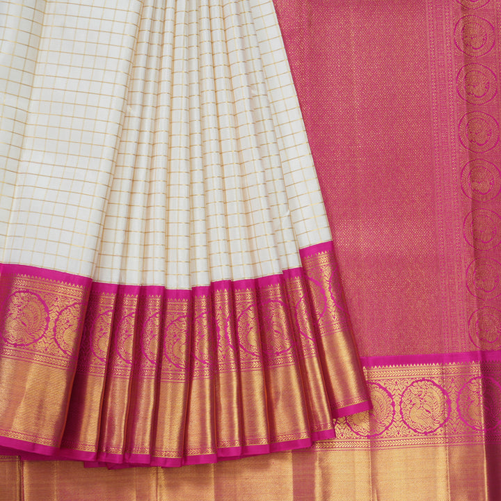 Hayagrivas Handloom Half-White Kanjivaram Silk Saree with Rani Pink Border KBE2523C30-1