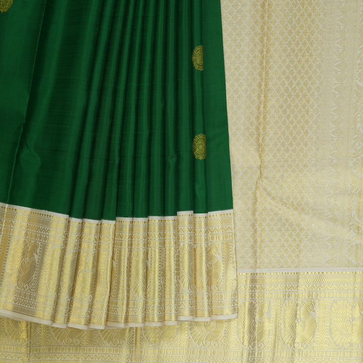 Hayagrivas Handloom Green Kanjivaram Silk Saree with Ivory border KBE1861L1-1