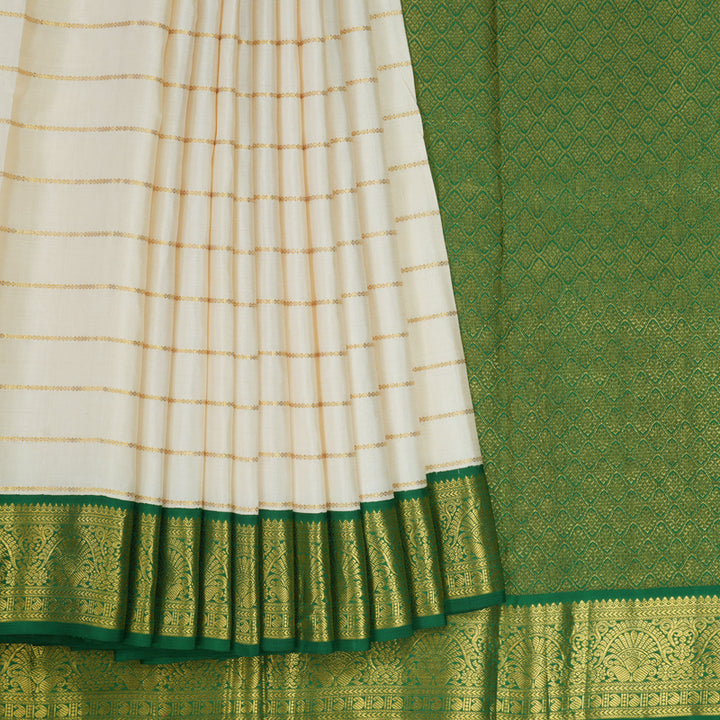 Hayagrivas Handloom Half White Kanjivaram Silk Saree with Dark Green Border KBE1748K1-1