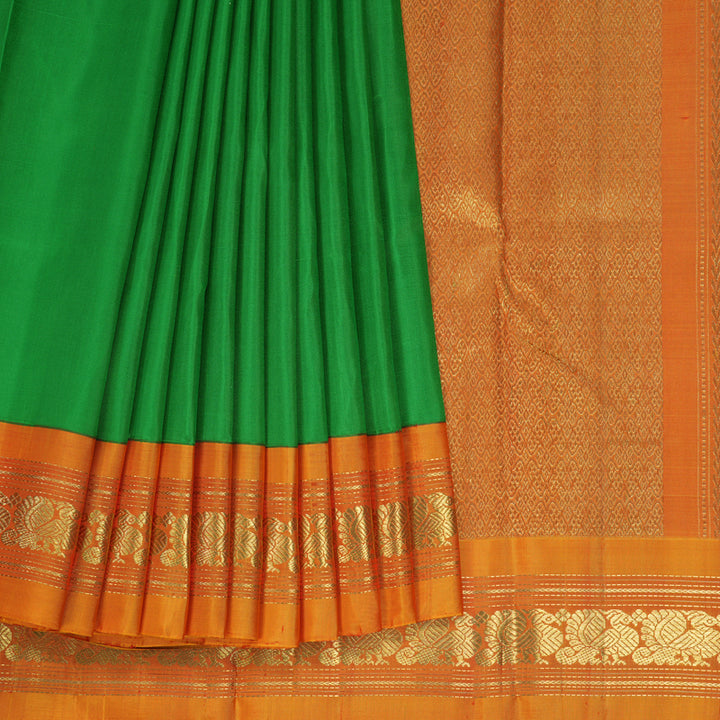 Hayagrivas Handloom Parrot Green Kanjivaram Silk Saree with Sunset Orange Border KBE2220B1-1