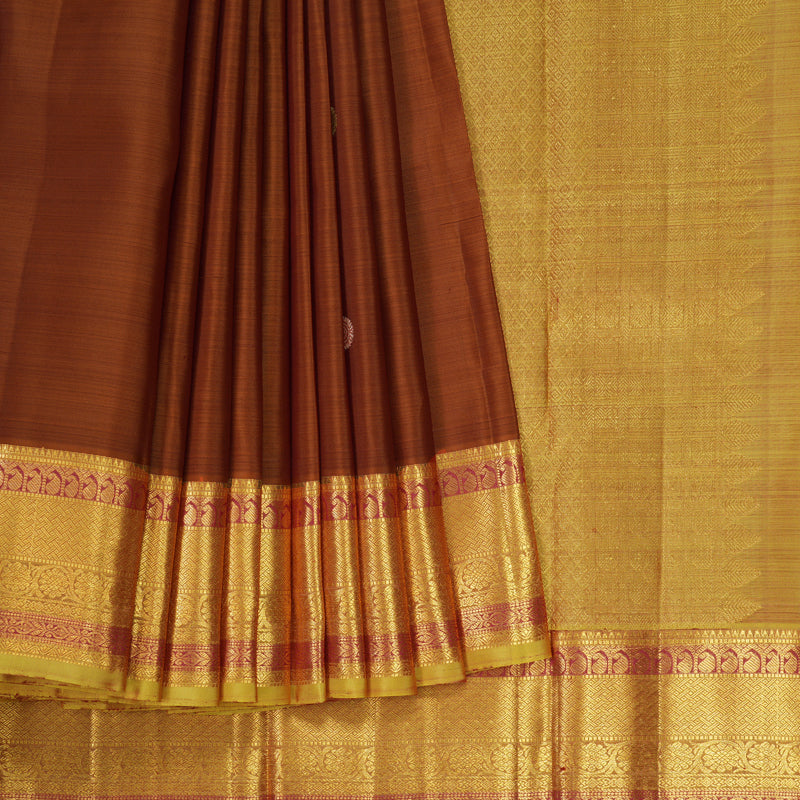 Hayagrivas Handloom Rust Kanjivaram Silk Saree with Sampanga Green Border KBF136D7-5