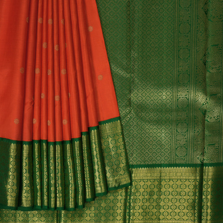 Hayagrivas Handloom Deep Orange Kanjivaram Silk Saree with Bottle Green border BE480-SBS