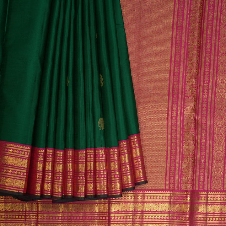 Hayagrivas Handloom Emerald Green Kanjivaram Silk Saree with Rani Pink Border KBE2247B14-3