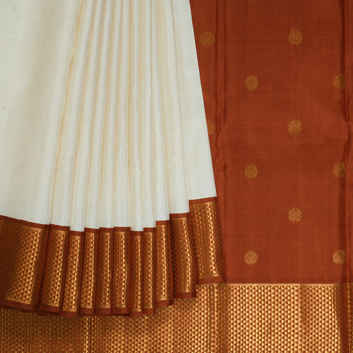 Hayagrivas Handloom Half-White Kanjivaram Silk Saree with Rust Orange Border KBE2053A2-2