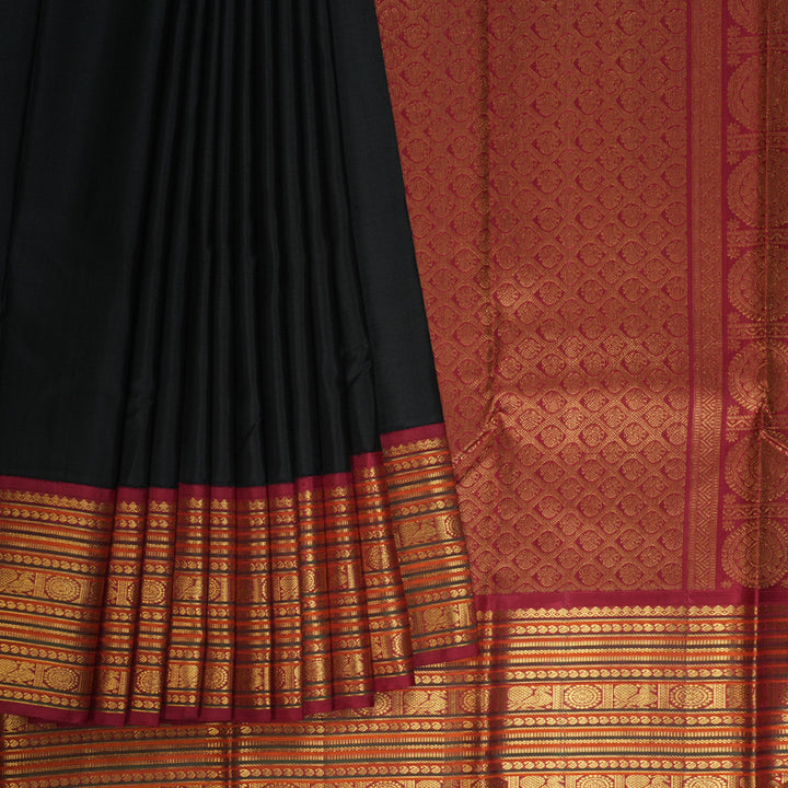 Hayagrivas Handloom Black Kanjivaram Silk Saree with Maroon Border KSBE12I6-7