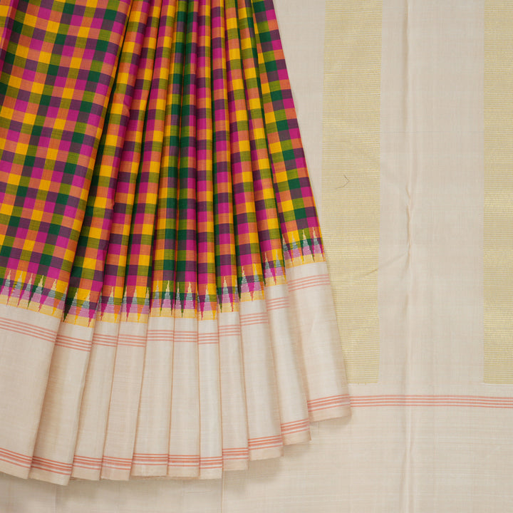 Hayagrivas Handloom Multicolour Checks Kanjivaram Silk Saree with Cream Border KBE2066A6-1