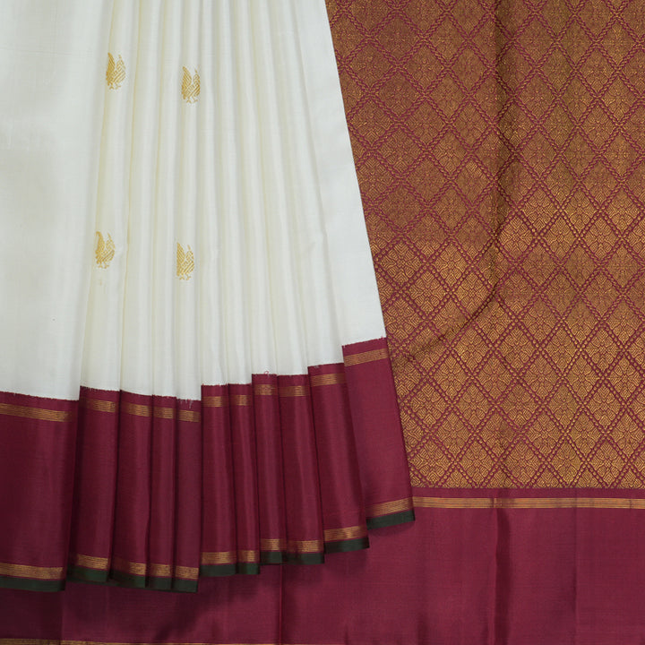Hayagrivas Handloom Milk-White Kanjivaram Silk Saree with Maroon border KBE1977L1-1