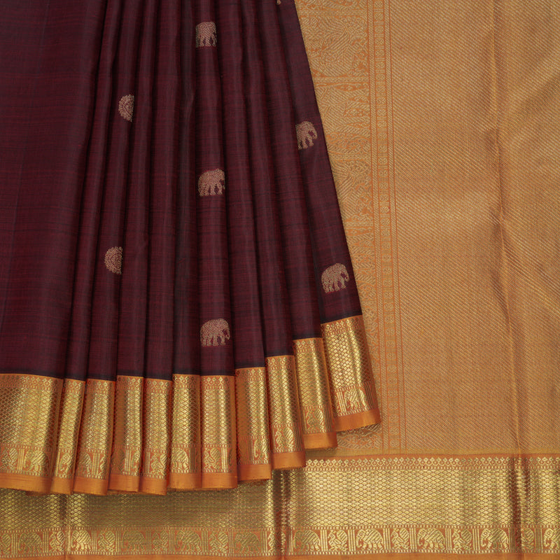 Hayagrivas Handloom Dark Maroon Kanjivaram Silk Saree with Golden Orange Border KBE1593K2-1