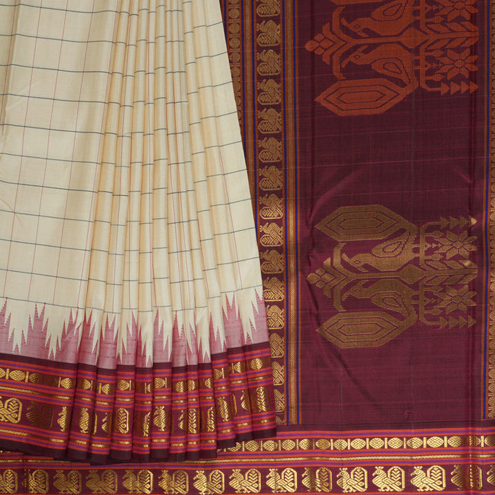 Hayagrivas Handloom Sandal Beige Kanjivaram Silk Saree with Wine Border KBE1450J1-1