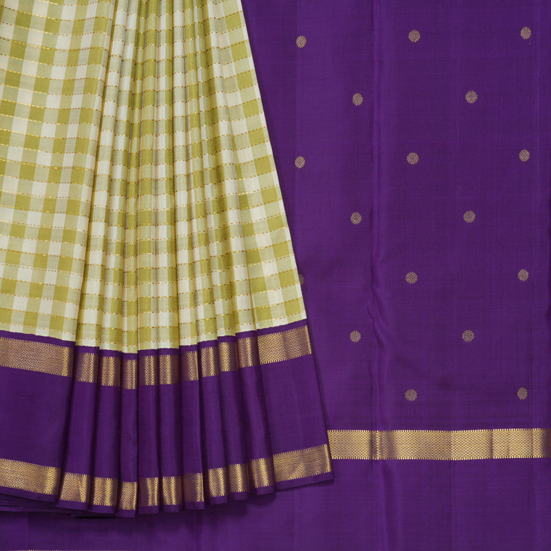 Hayagrivas Handloom Cream & Pista Green Checks Kanjivaram Silk Saree with Purple Border KBE2457C4-1