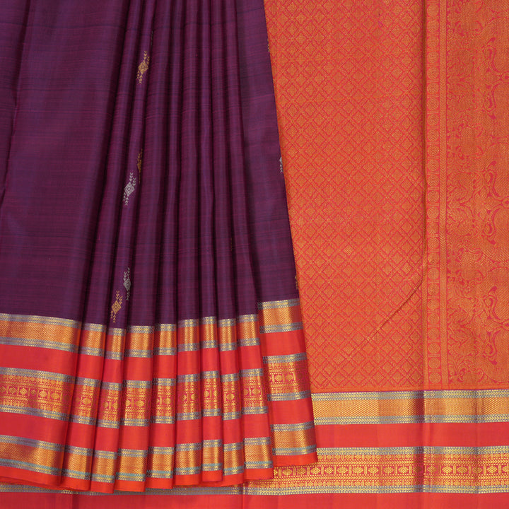 Hayagrivas Handloom Purple Kanjivaram Silk Saree with Pinkish-Orange Border KBE1954L10-4